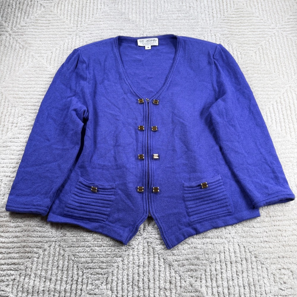 St. John Collection Knit Cardigan Women's 14 Blue Gold Santana Old Money Luxury